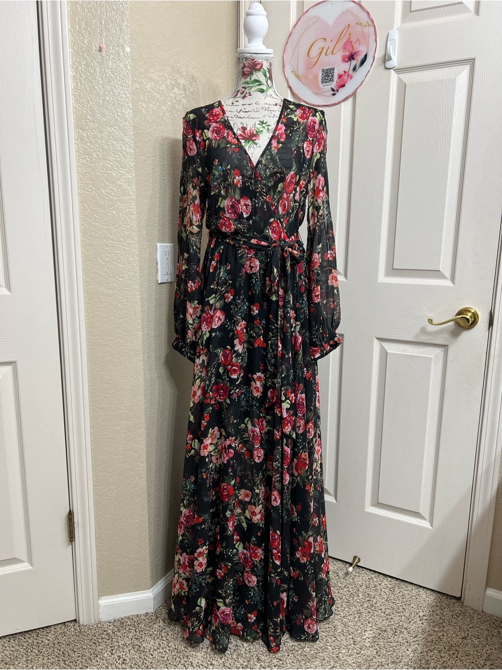 Ark & Co Black Maxi Dress with Red Rose Floral Print